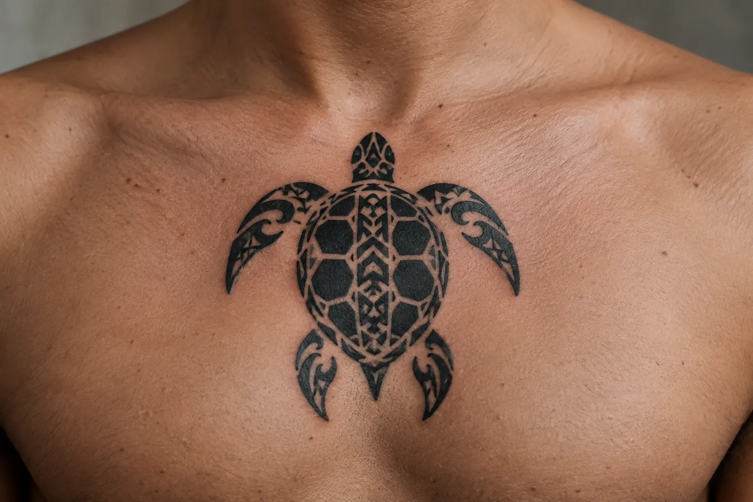 A person has a black geometric turtle tattoo centered on their chest.