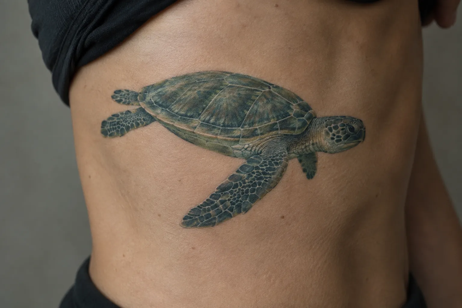 A person has a detailed sea turtle tattoo across their side.