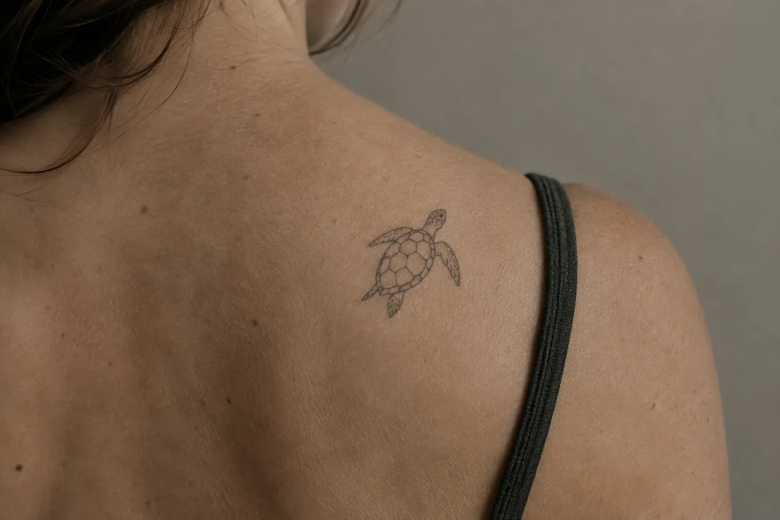 A small turtle tattoo sits on a woman's upper back near her shoulder strap.