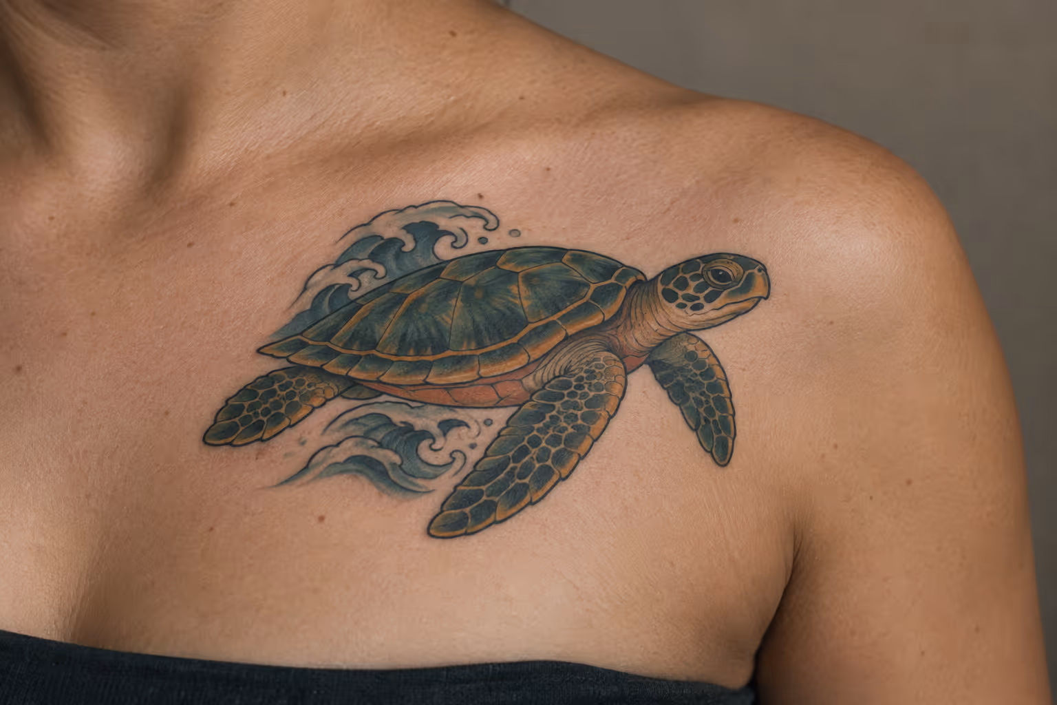 A person has a sea turtle tattoo with waves across their upper chest and shoulder.