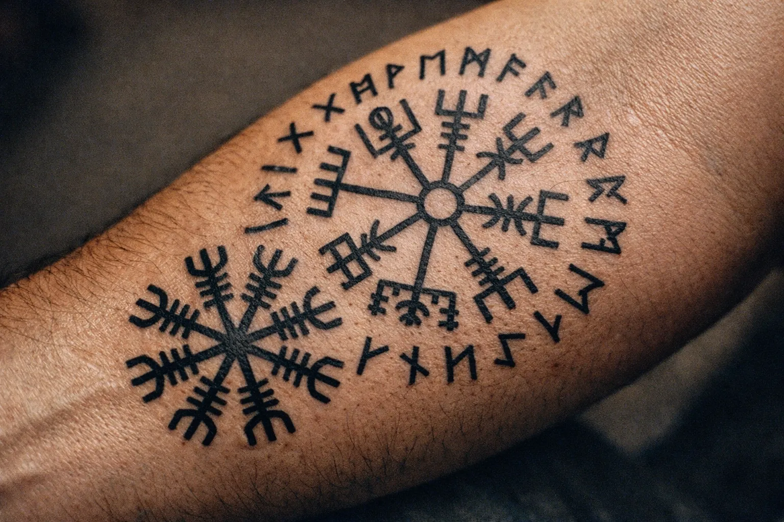 Viking tattoo on forearm with Valknut and knotwork, editorial close-up