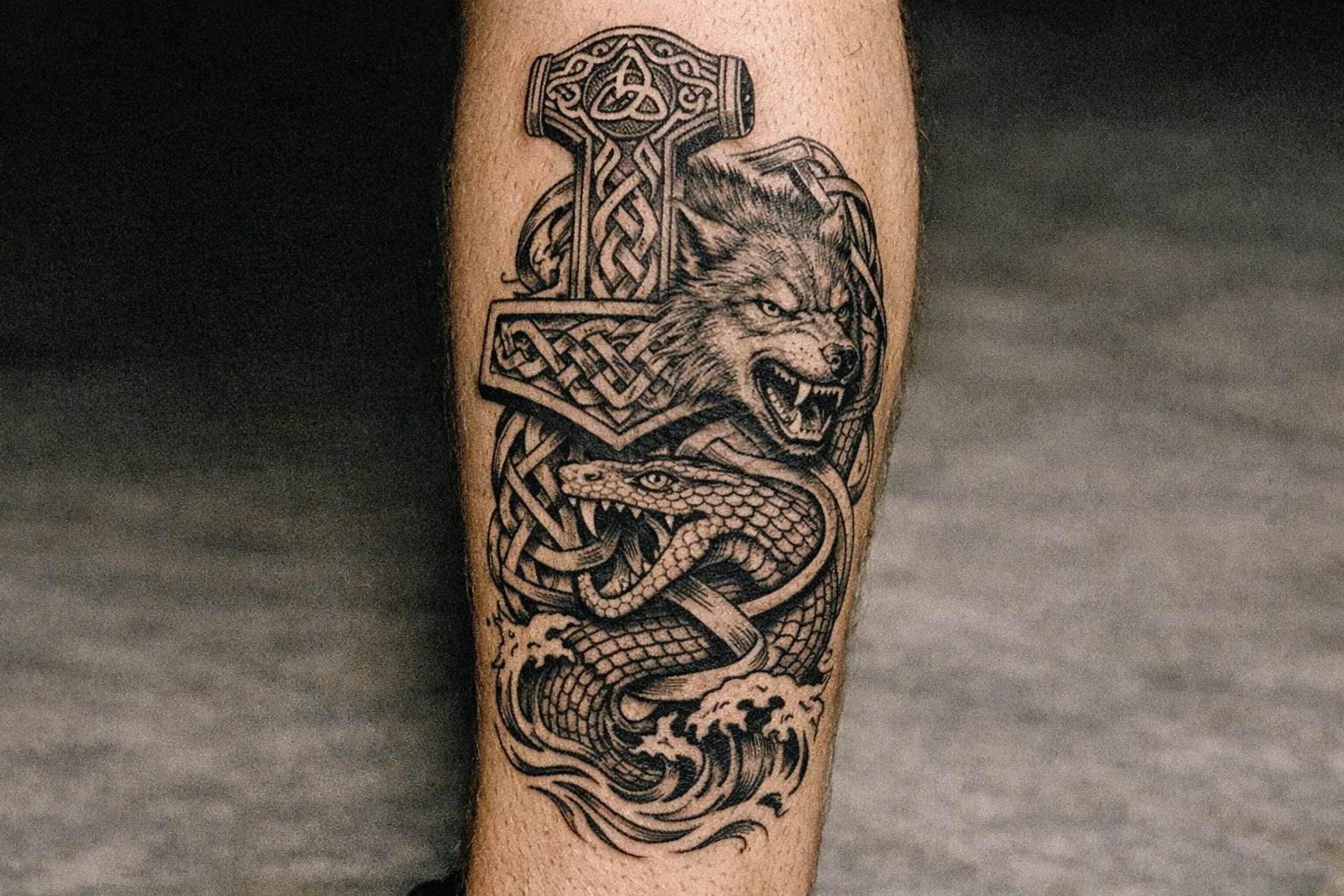 Forearm tattoo depicting a myth-inspired Norse scene with Yggdrasil, ravens, and a dragon-like serpent