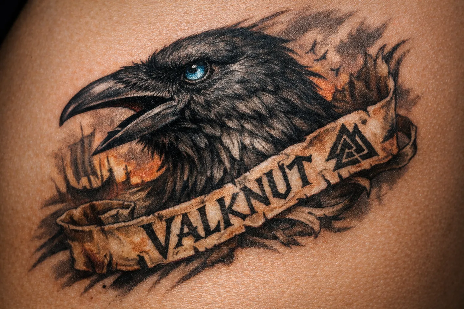 A Viking-themed tattoo of a raven with the word 'VALKNUT' on a scroll across the skin.