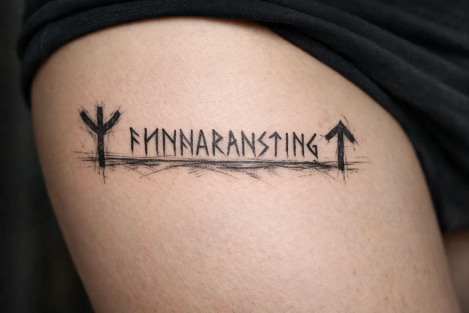 A person's upper thigh showing a Viking-inspired tattoo with runic-style lettering and symbols.