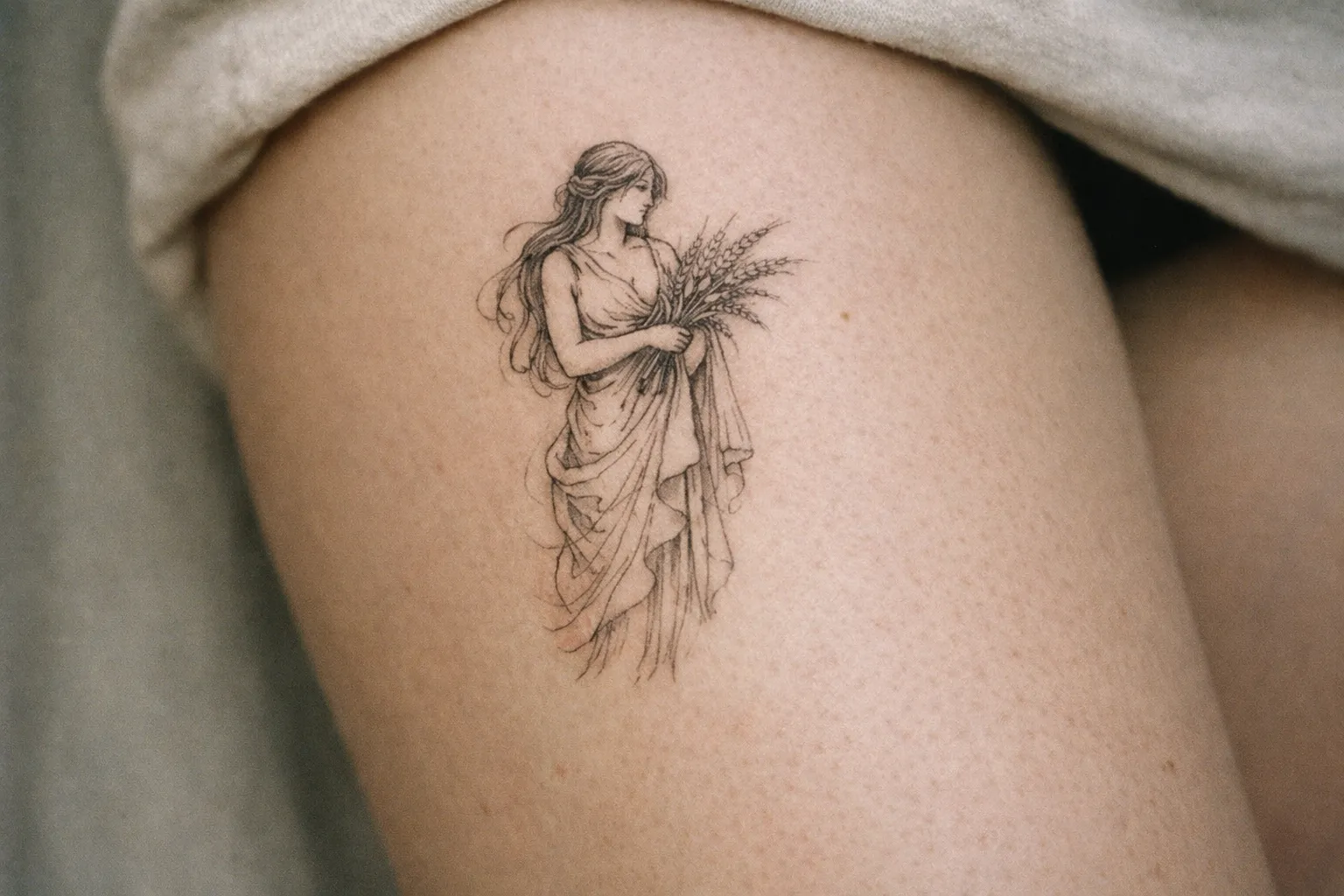 A finely detailed tattoo of a woman holding wheat is inked on a person's thigh.