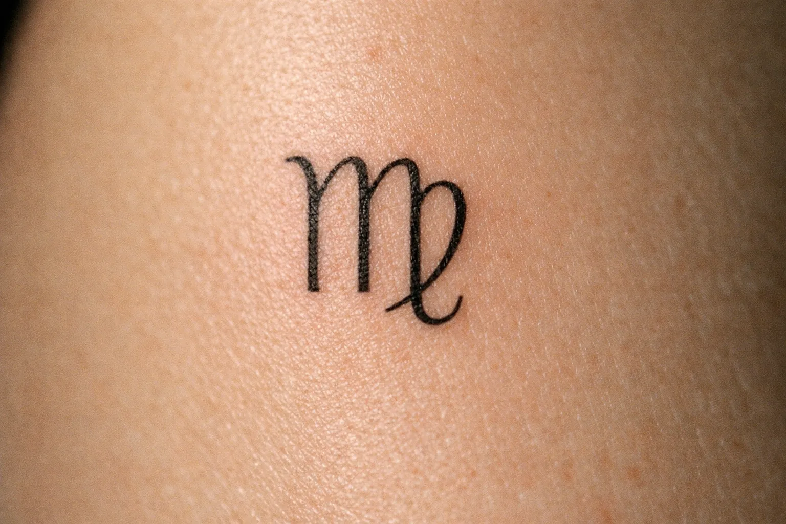 A Virgo zodiac symbol tattoo on bare skin.