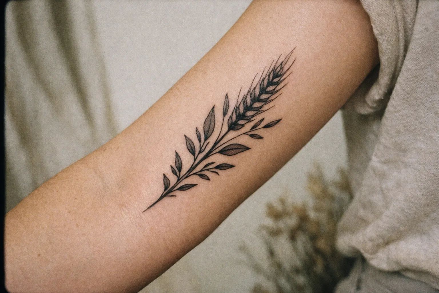 A forearm with a wheat and leaves tattoo is shown indoors.