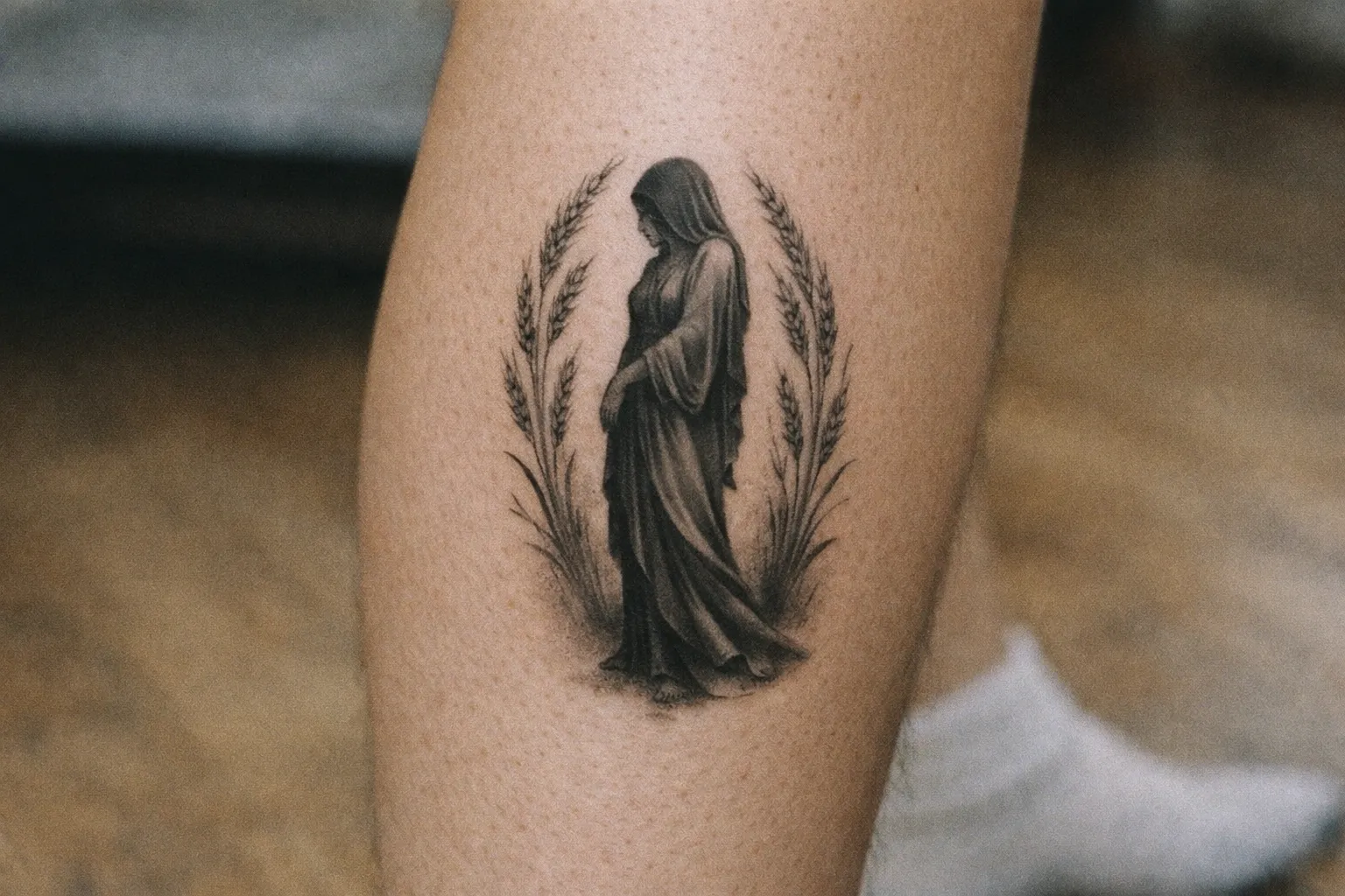A tattoo of a robed woman surrounded by wheat stalks on a person's calf.