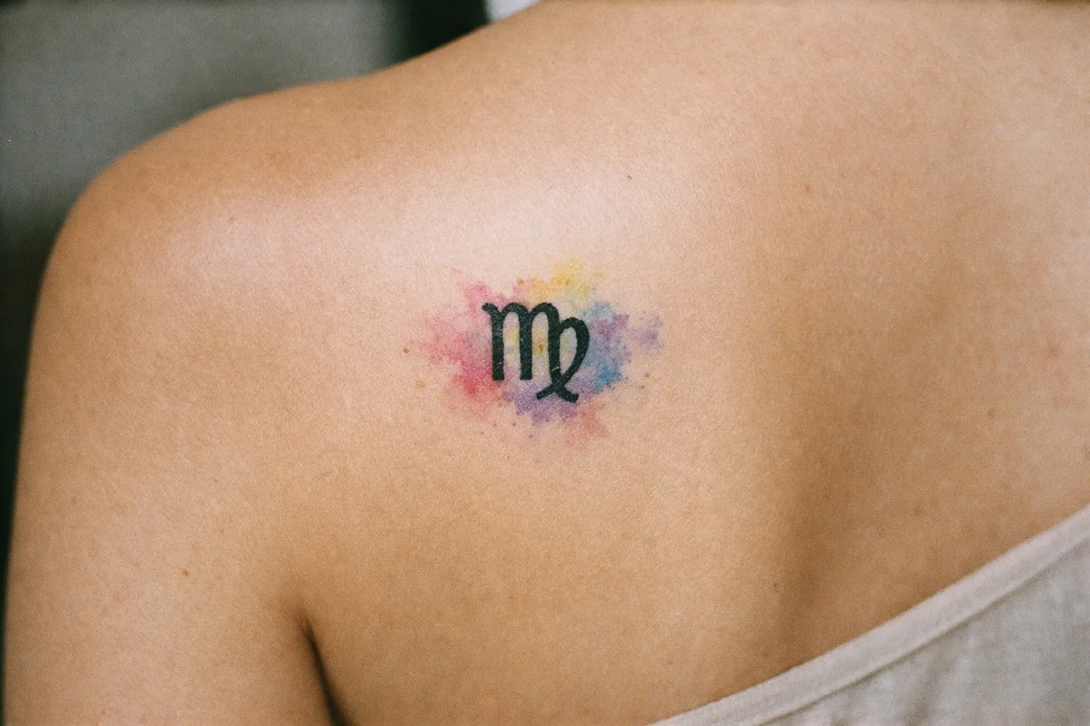 A person with a Virgo zodiac symbol tattoo on their upper back.