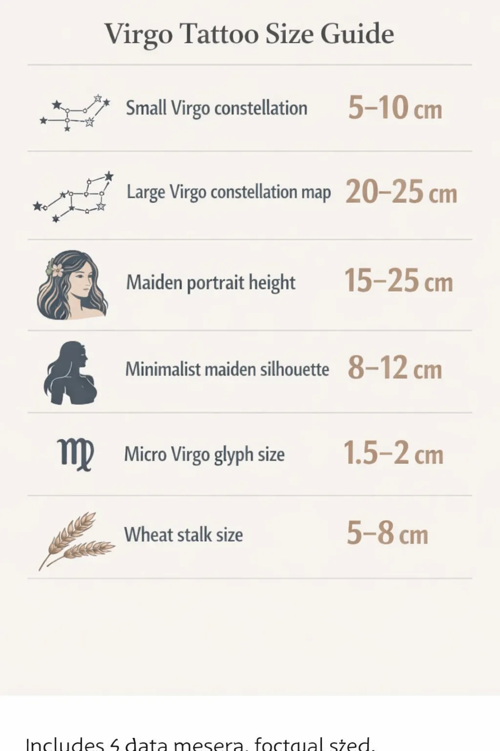 Data visualization showing Virgo tattoo size ranges for constellation, maiden, glyph, and wheat motifs: 5-10 cm, 20-25 cm