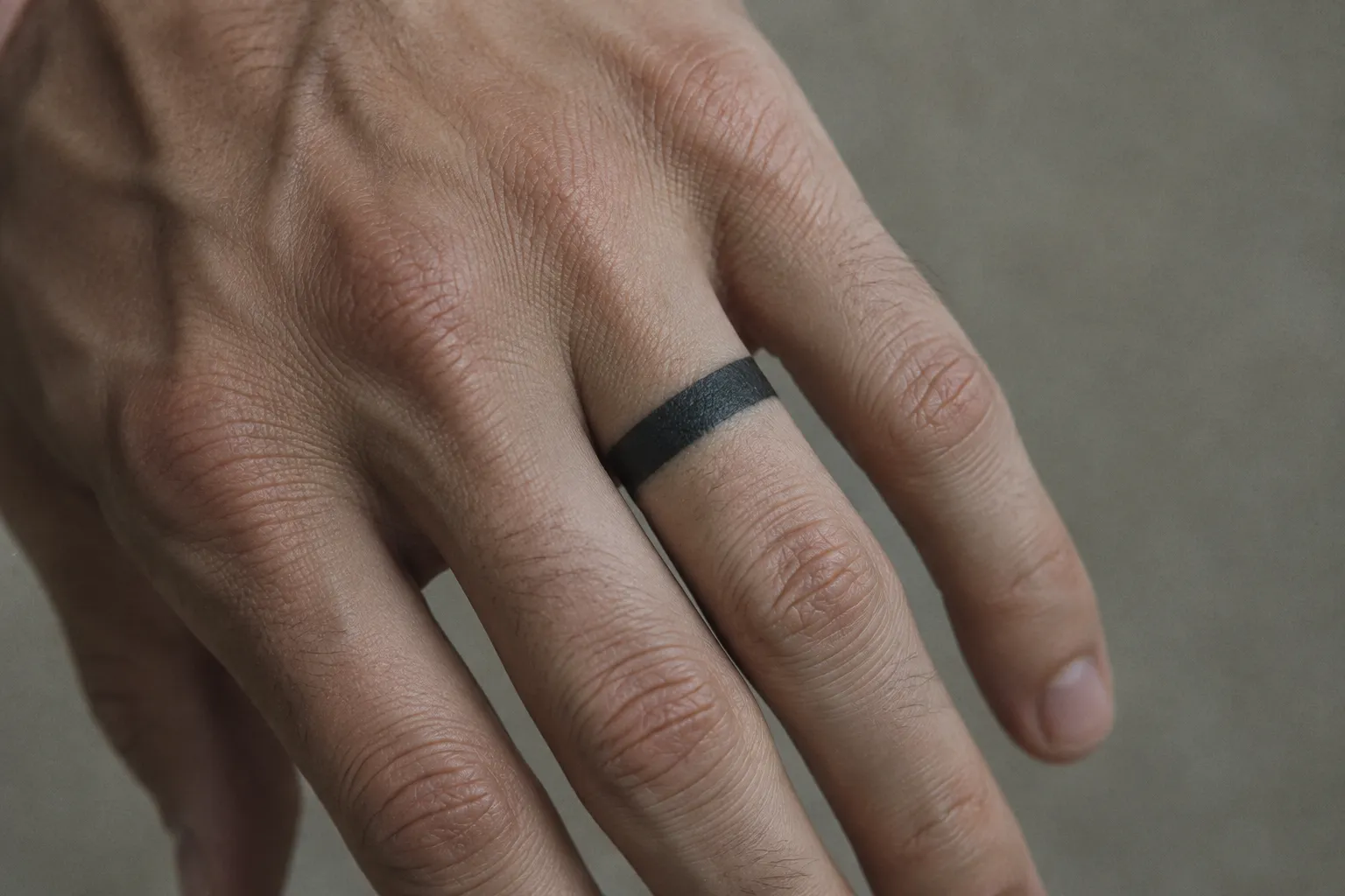 A hand with a solid black band tattoo around the ring finger against a plain background.