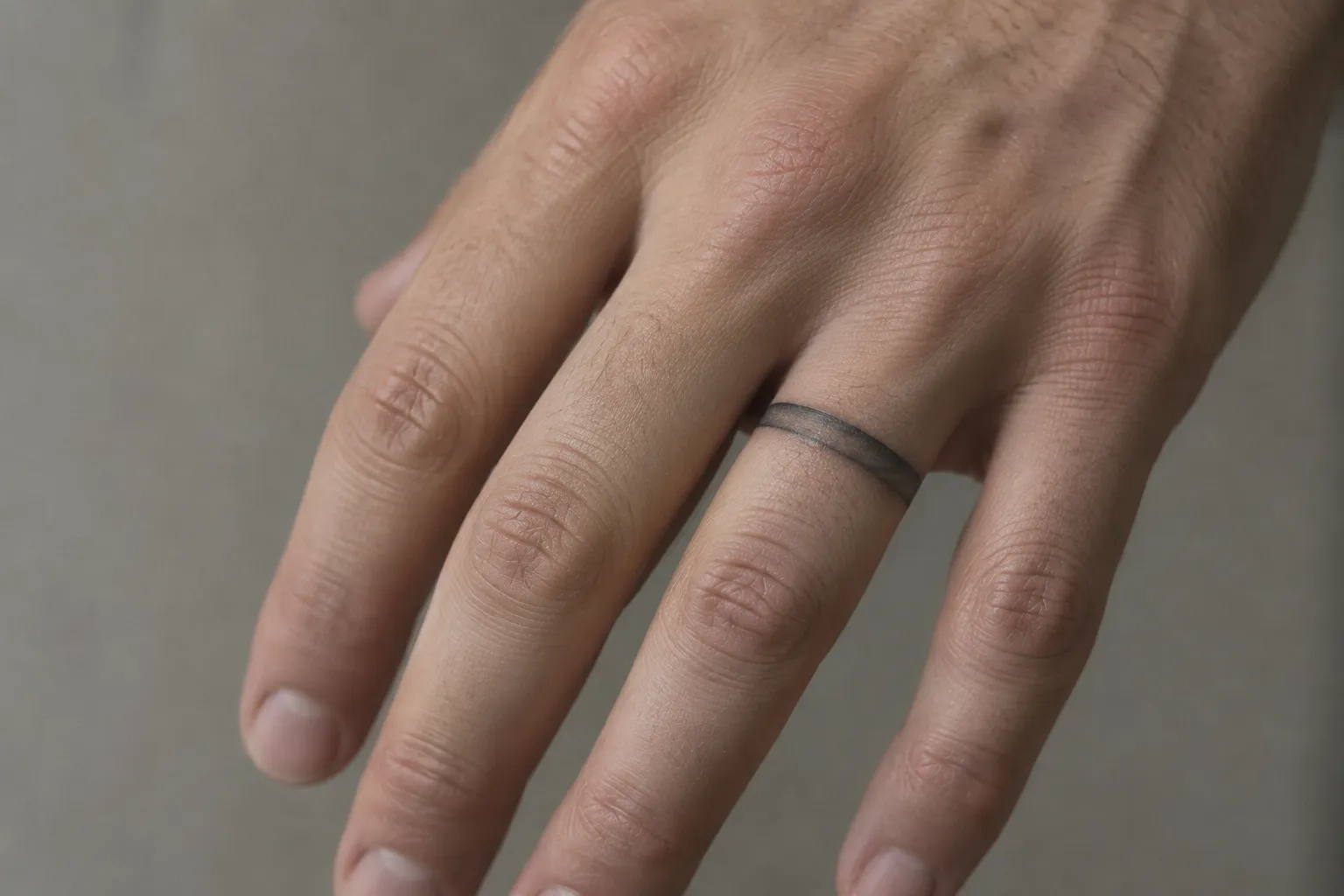 A hand with a simple band tattoo around the ring finger against a plain gray background.