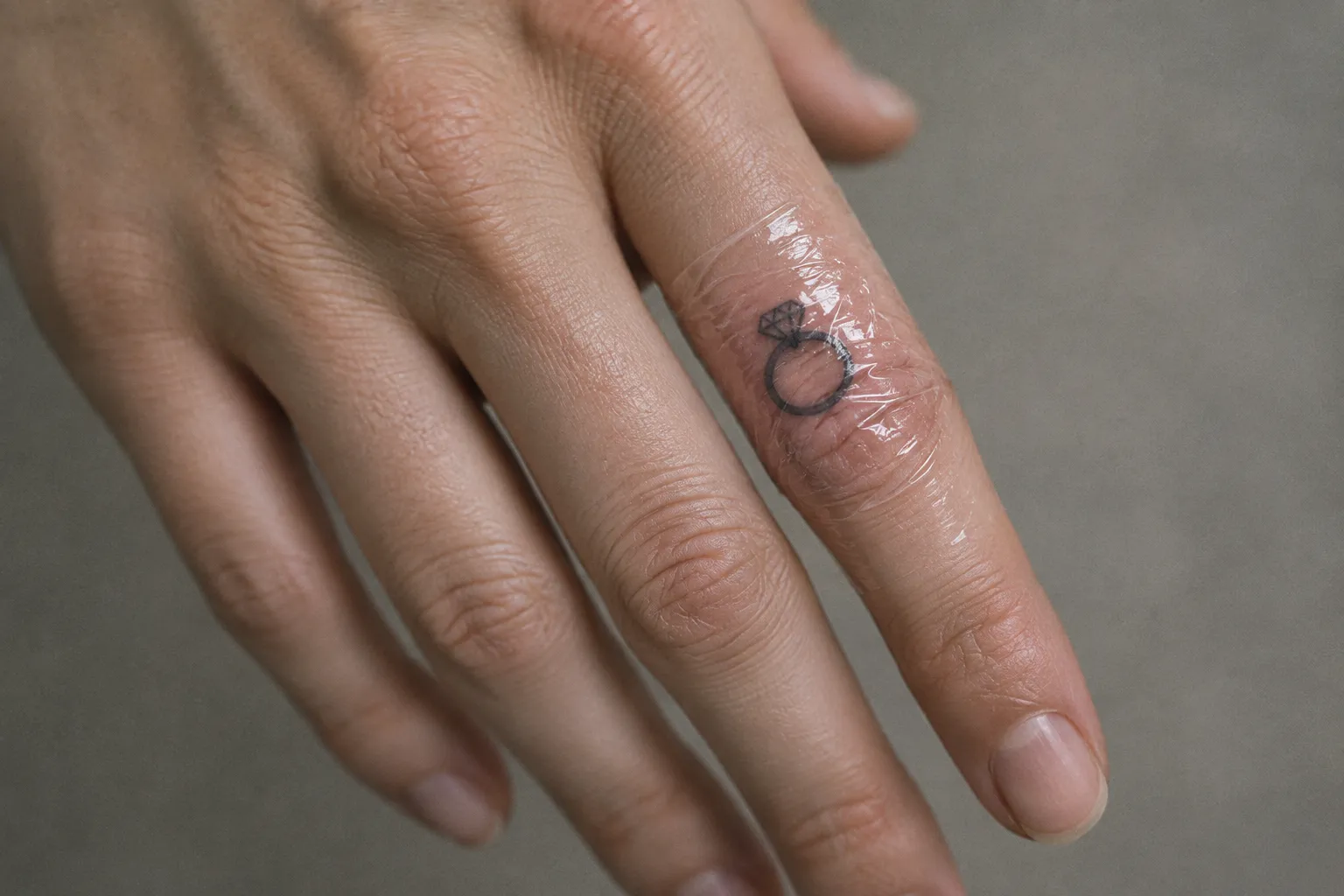 A hand with a diamond ring tattoo on one finger beneath clear wrap.