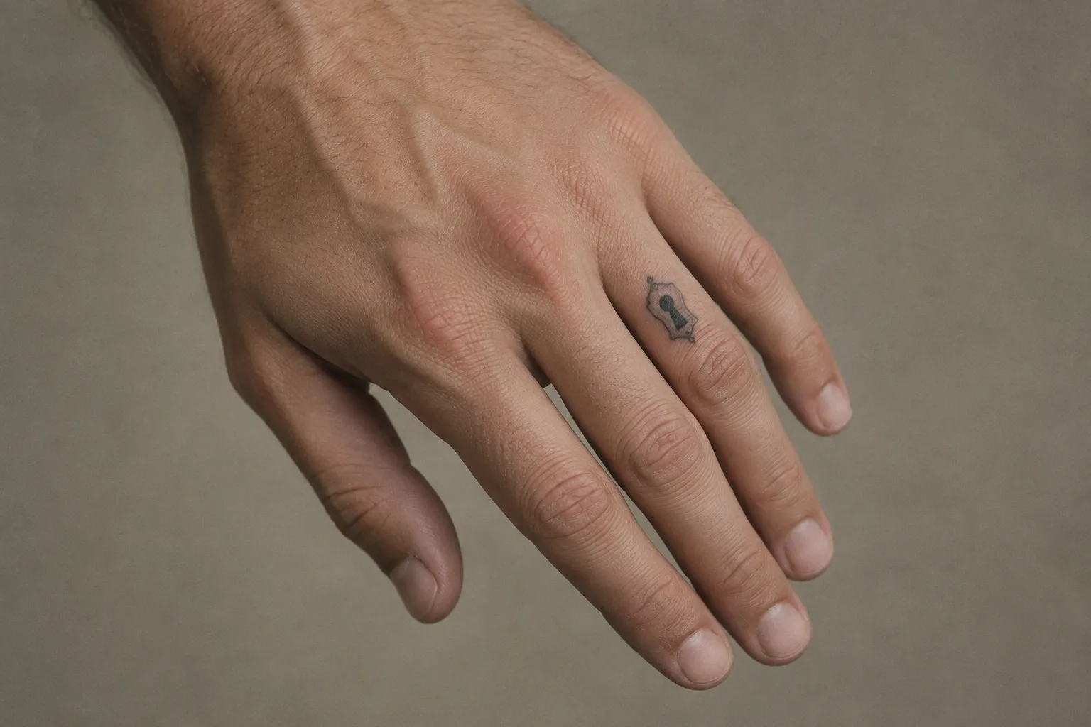 A hand with a small ornamental tattoo on a finger against a plain background.