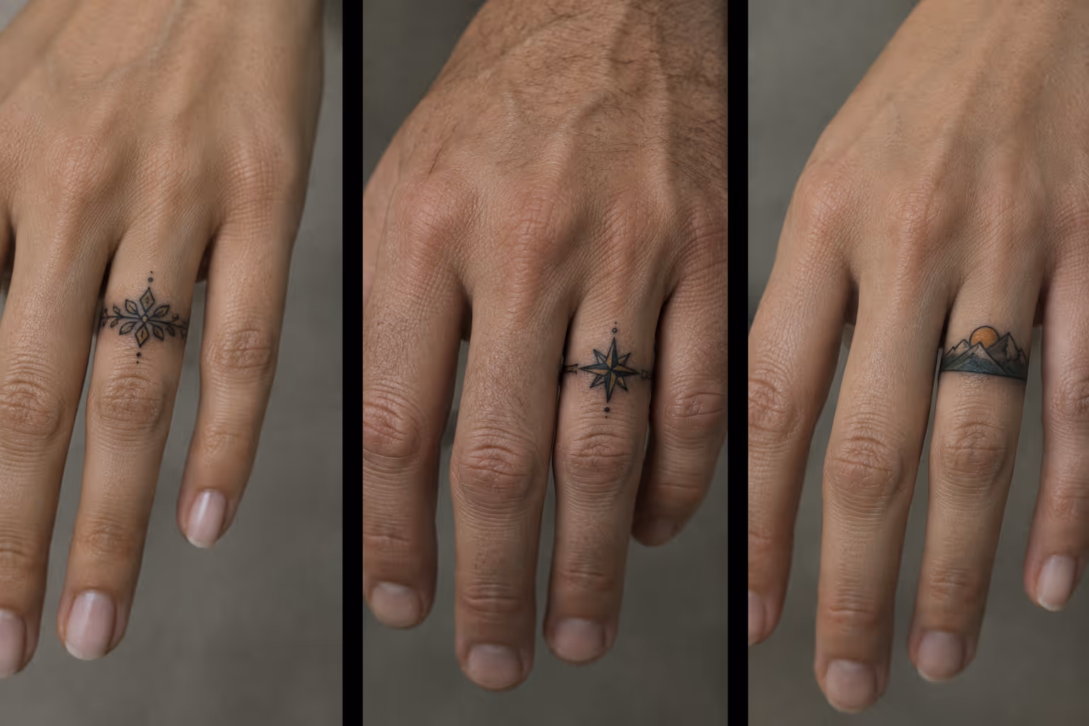Three hands display decorative ring tattoos on their fingers against a plain background.