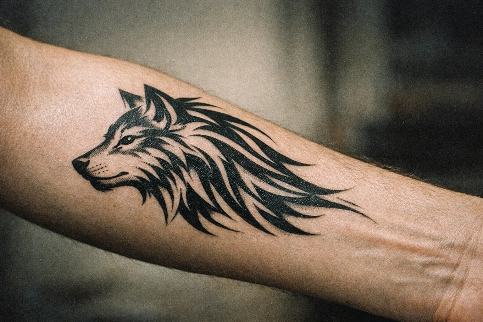 Forearm wolf tattoo editorial close-up showing blackwork linework and shading