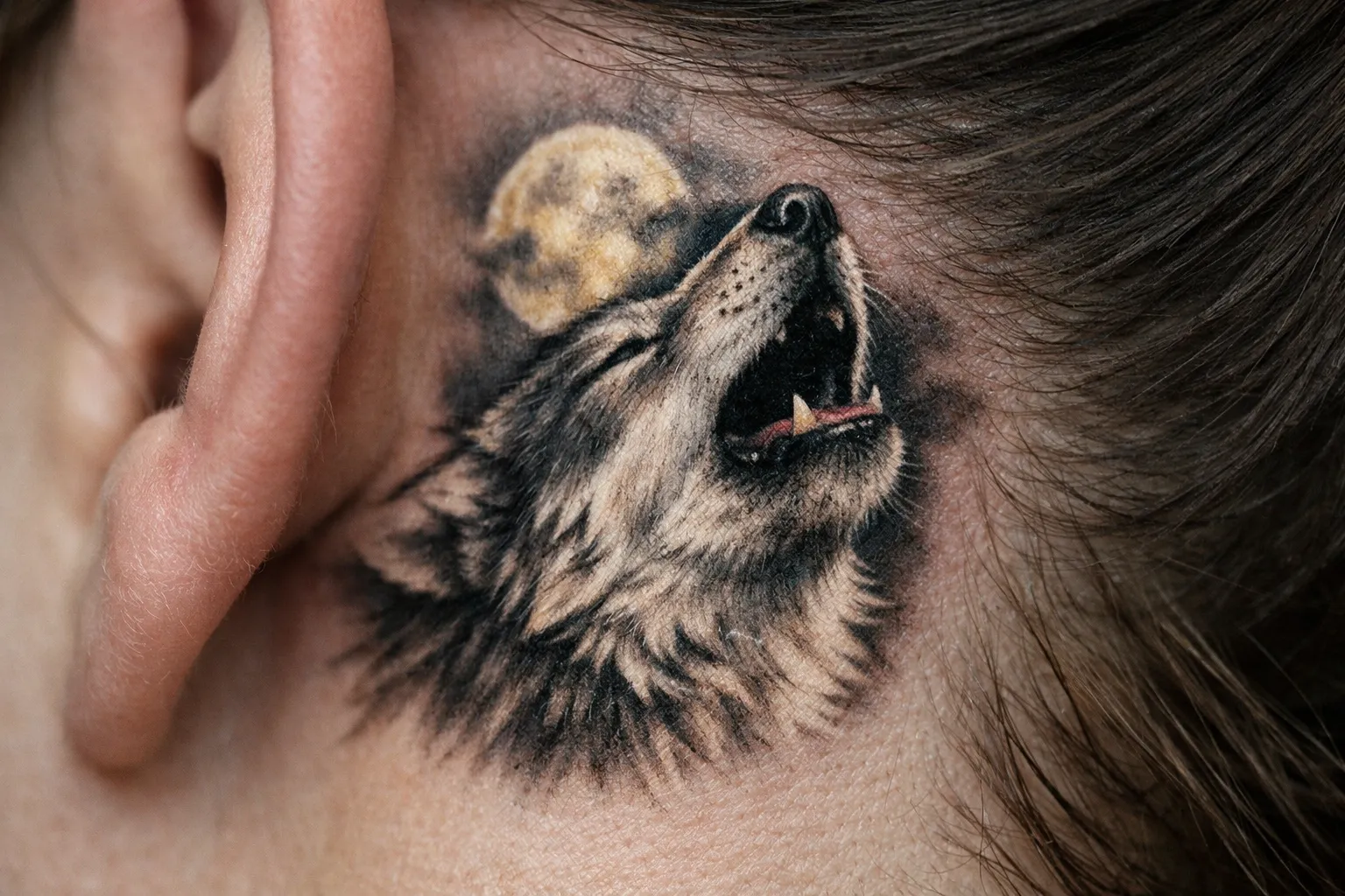 A tattoo of a howling wolf and a full moon behind the ear on a person's head.