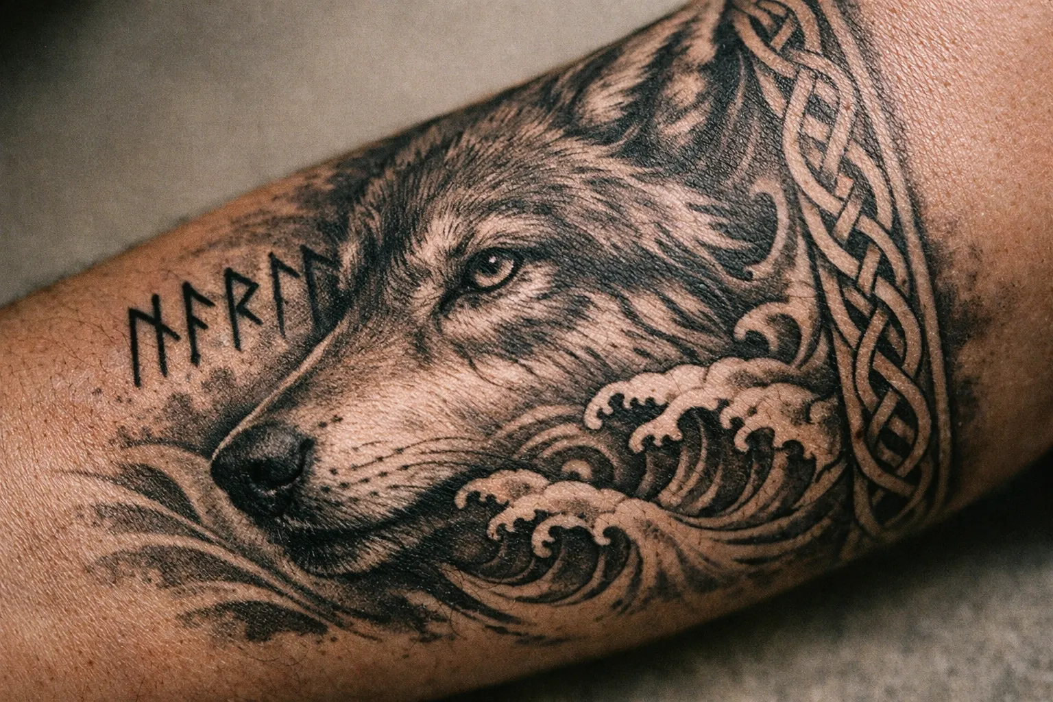 Ribcage-side wolf tattoo visible in profile, editorial shot