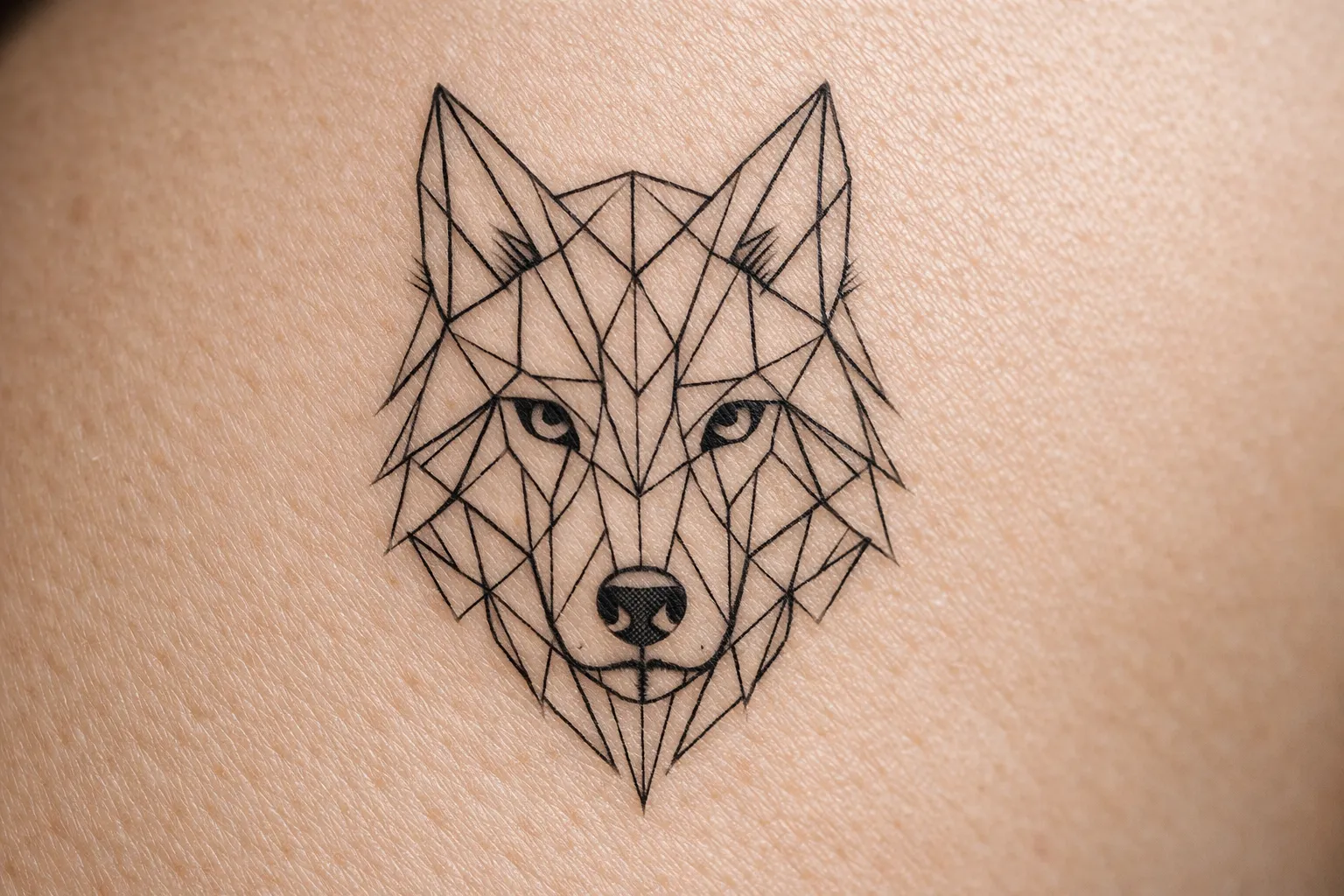 A geometric wolf head tattoo on bare skin.