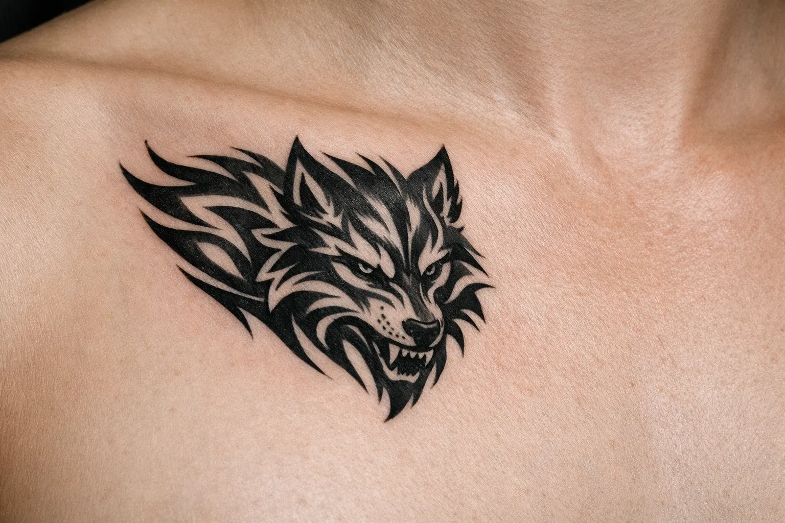 A black wolf head tattoo on a person's upper chest near the collarbone.