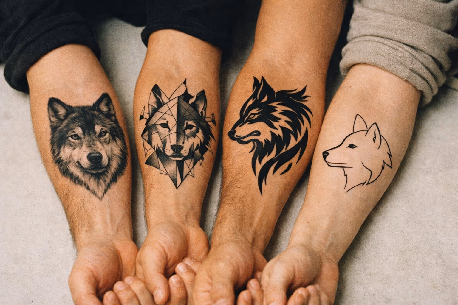 Editorial close-up of a bold wolf tattoo on a forearm, blackwork style, soft studio lighting