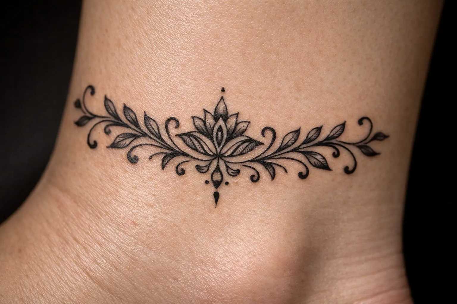 A floral ornamental tattoo is inked on the lower abdomen near the skin's curve.