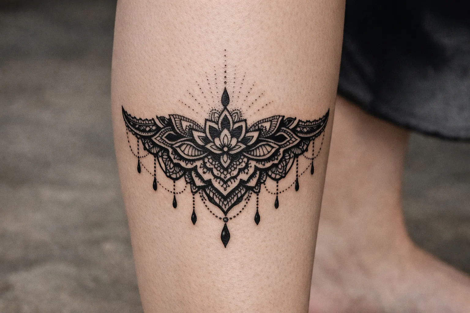 A person displays an ornate mandala-style tattoo on their upper leg indoors.