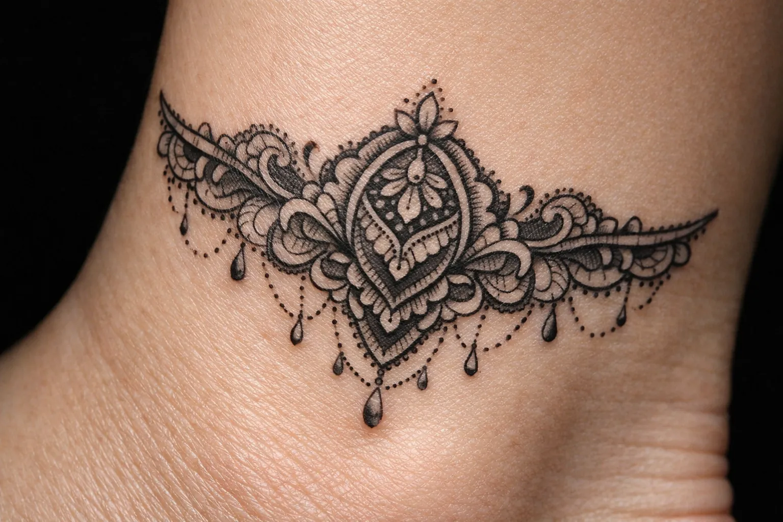 A detailed ornamental tattoo is inked on the lower abdomen of a person.