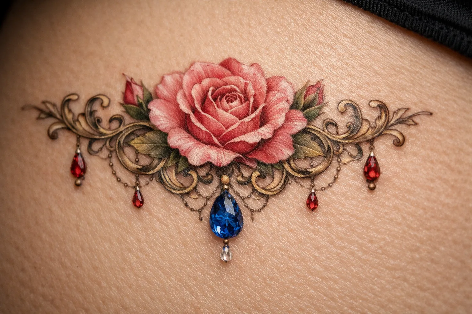 A detailed rose and filigree tattoo with gemstone designs on skin near the lower abdomen.
