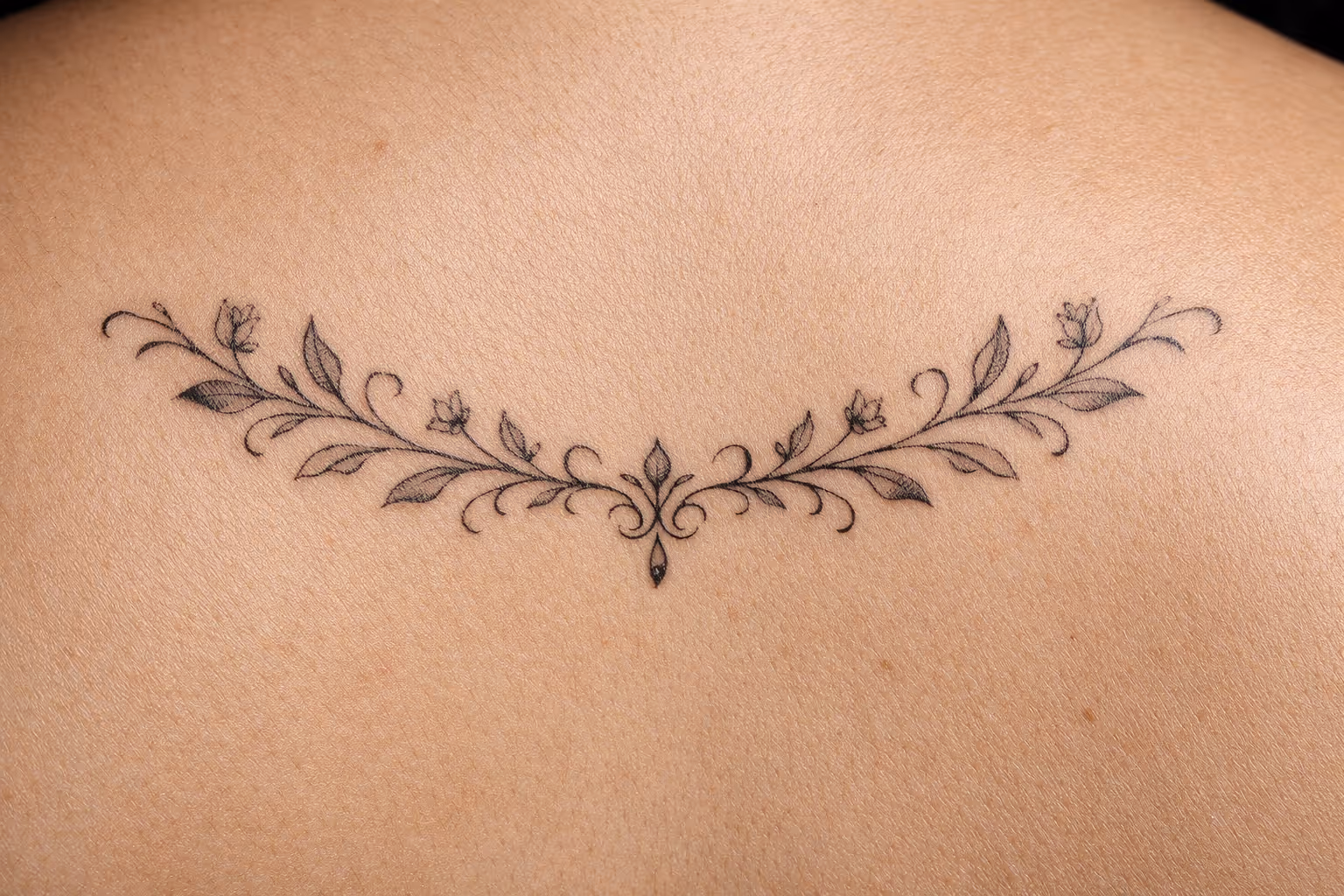 A floral ornamental tattoo is inked across the lower back on bare skin.