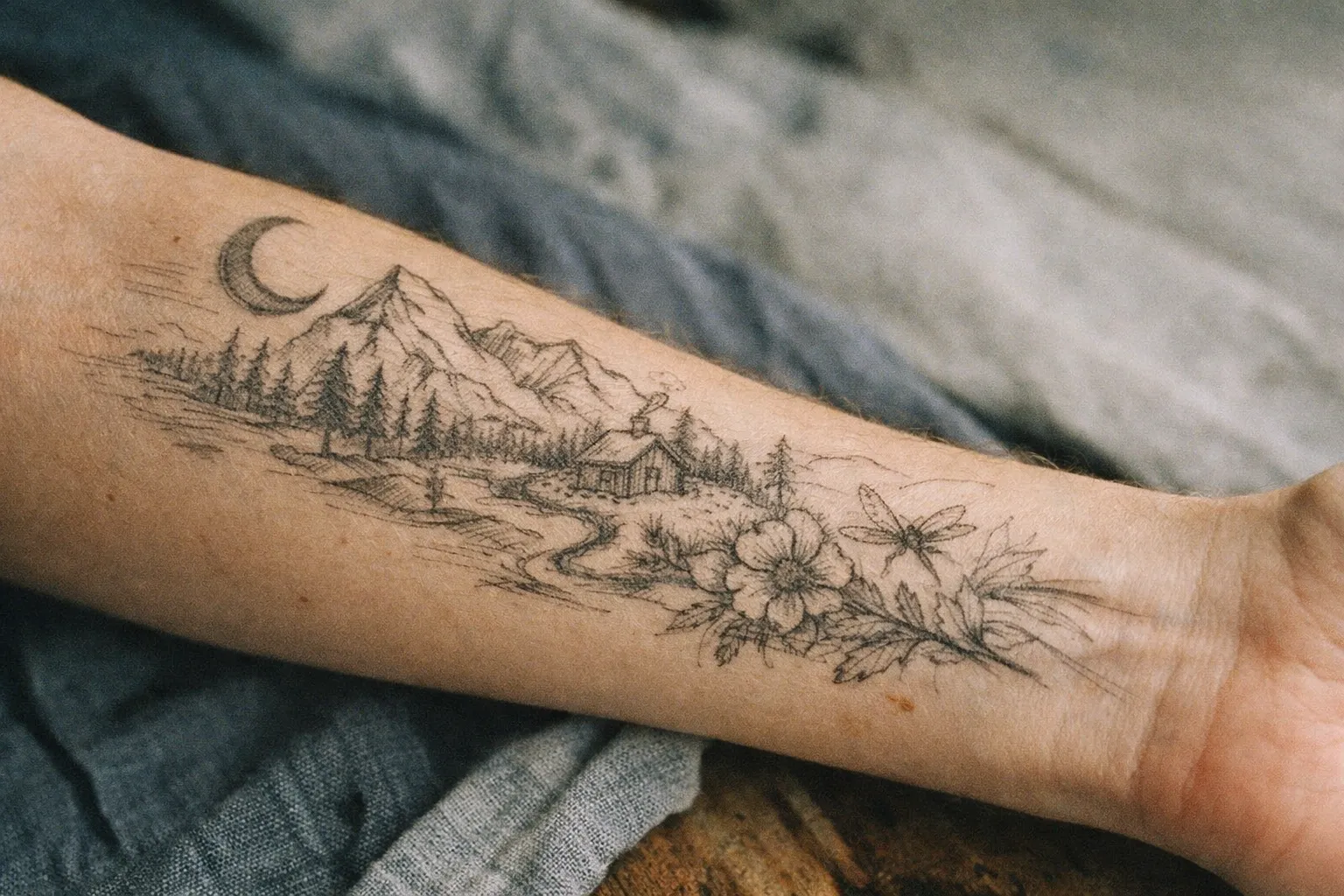 A detailed nature scene tattoo with mountains, trees, and flowers on a person's inner wrist.