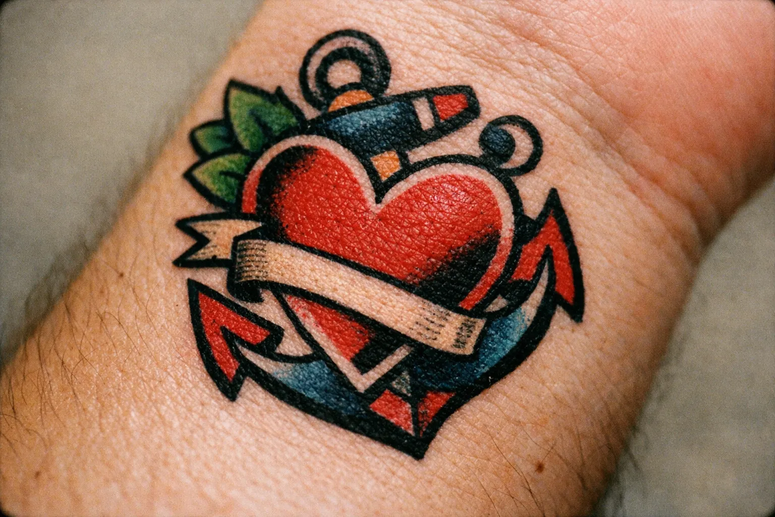 A colorful heart and anchor tattoo on a person's wrist.
