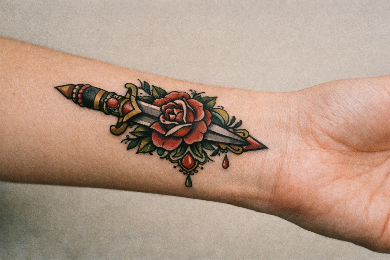 A forearm with a colorful dagger and rose tattoo on the wrist.