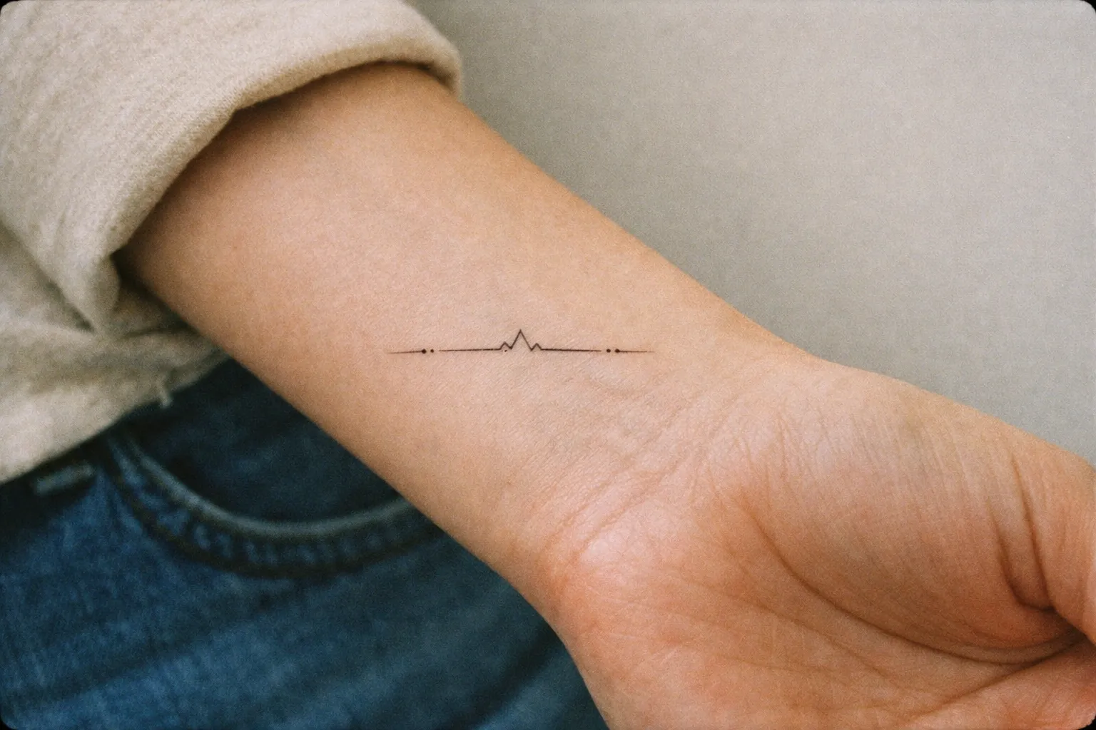 A person's wrist with a fine line minimalist tattoo resting on their lap in casual clothing.
