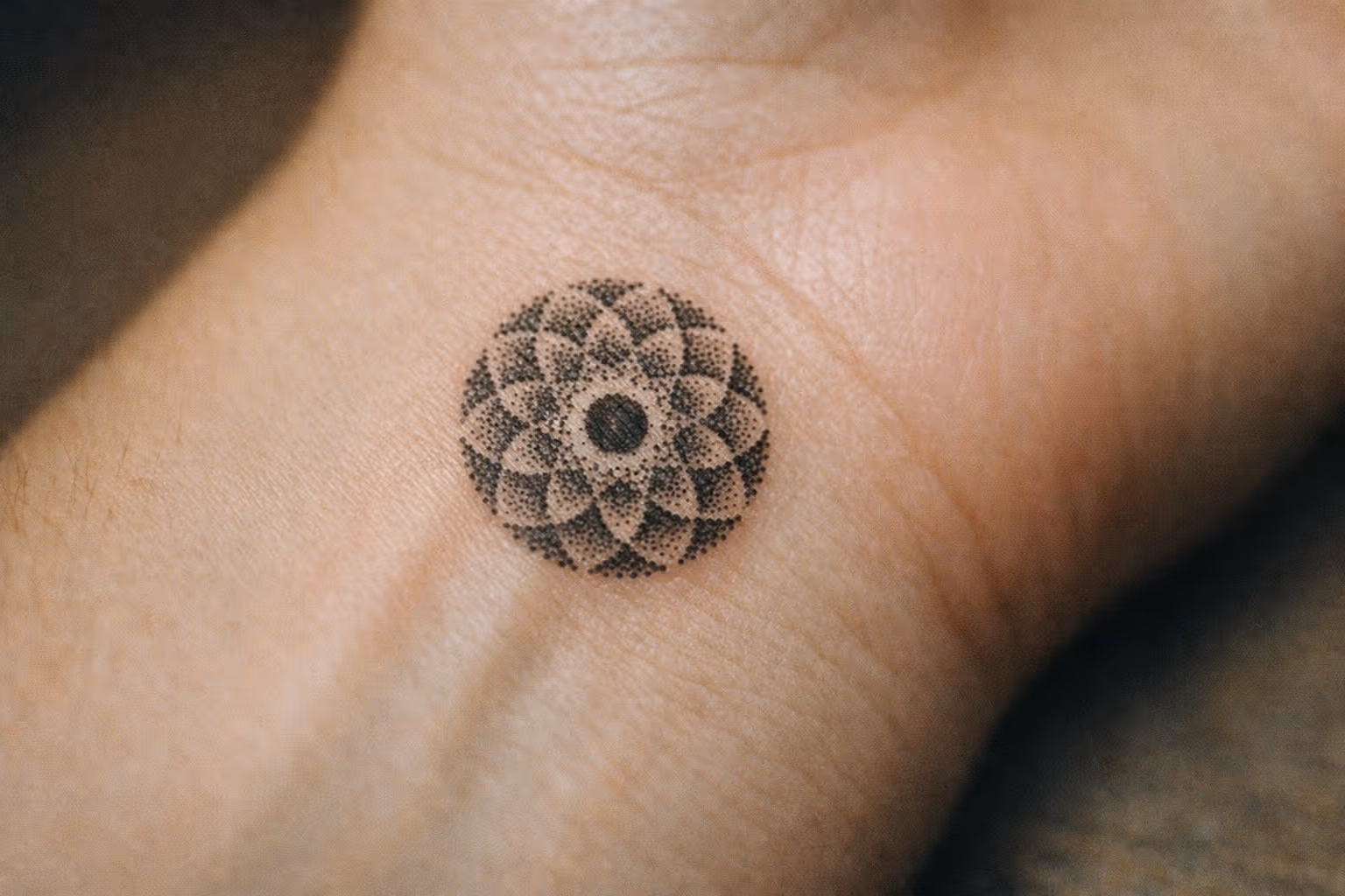 A geometric mandala tattoo on the inside of a person's wrist.