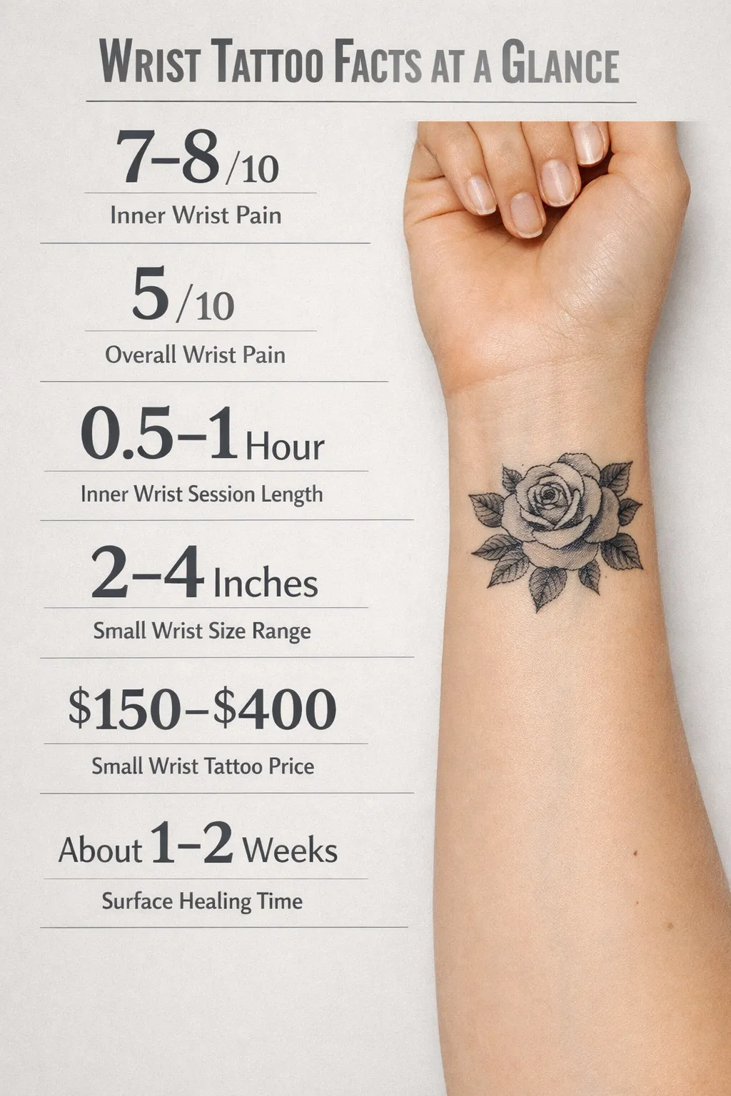 Infographic of wrist tattoo facts in six rows: inner wrist pain 7-8/10, overall wrist pain 5/10, inner wrist session length 0.5-1 hour, small wrist size range 2-4 inches, small wrist tattoo price $150-$400, and surface healing time about 1-2 weeks.
