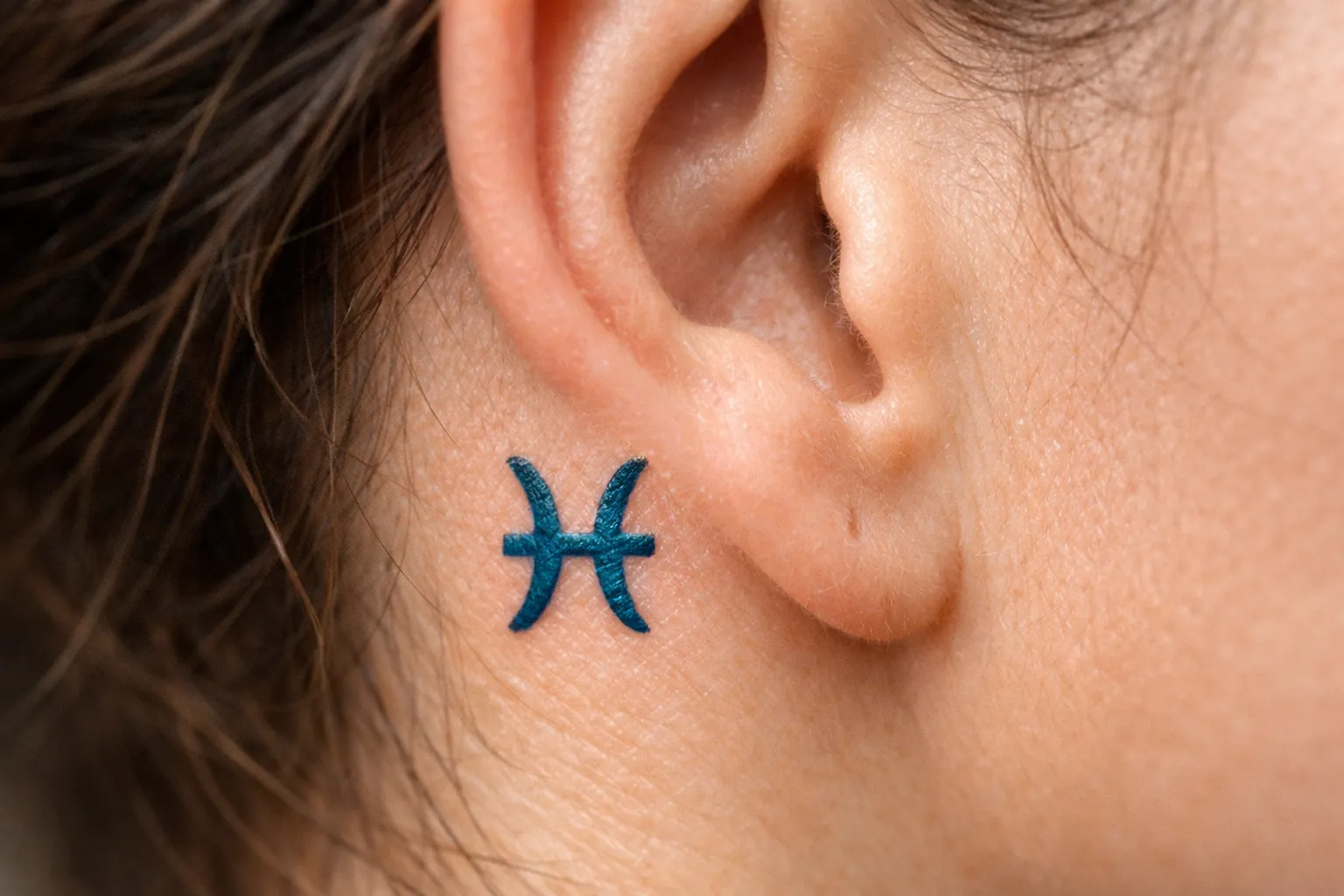 A blue Pisces zodiac symbol tattoo is behind a person's ear.