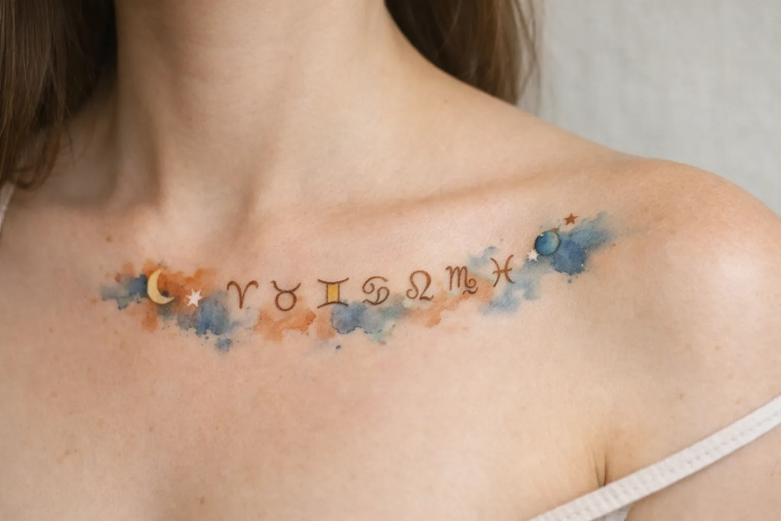 A person with a colorful zodiac symbol tattoo across their upper chest below the collarbone.