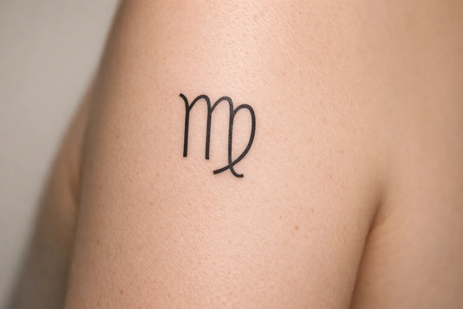A Virgo zodiac symbol tattoo on a person's upper arm.