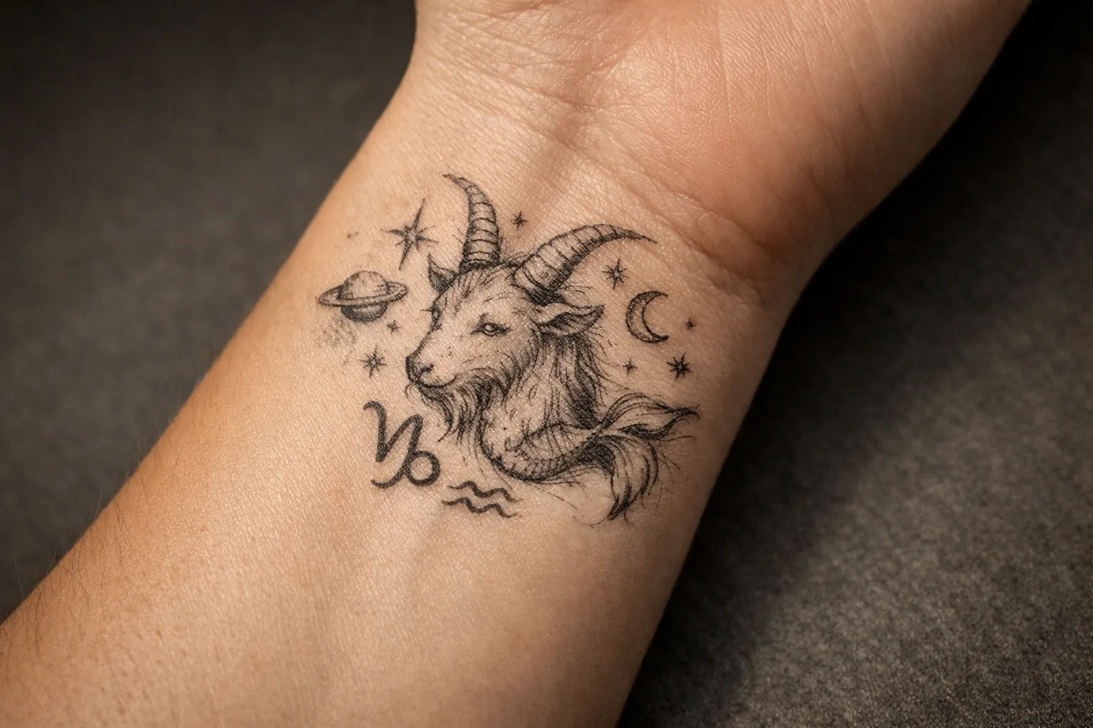 A Capricorn zodiac tattoo with a goat, stars, and planets on a person's wrist.