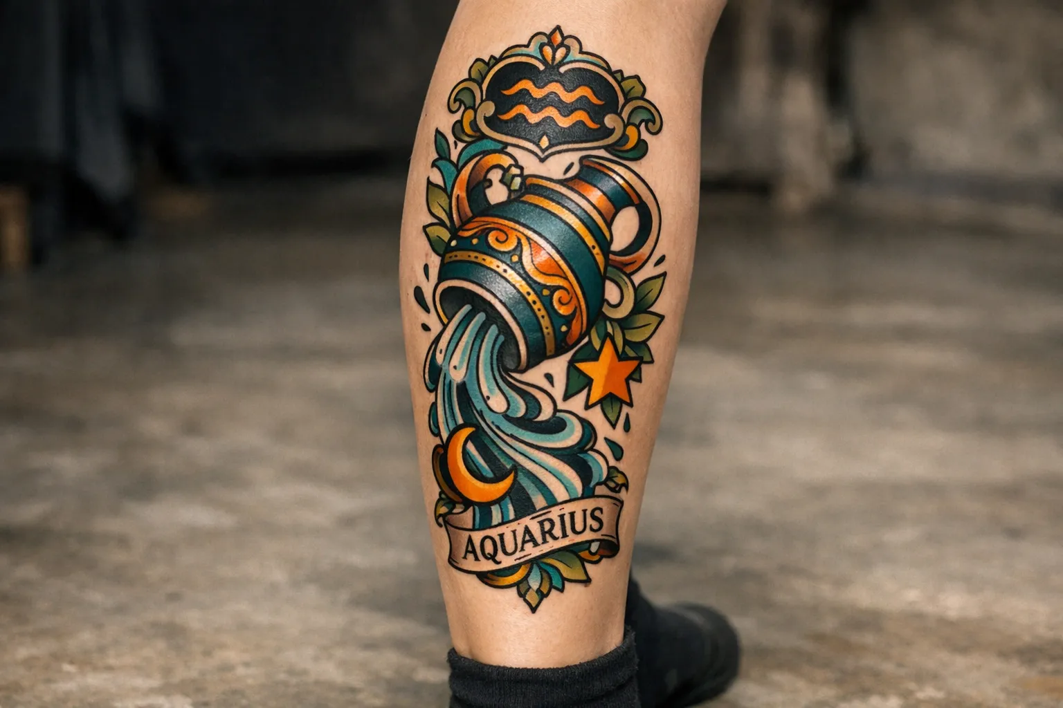 A person's calf with a colorful Aquarius zodiac tattoo in an indoor setting.