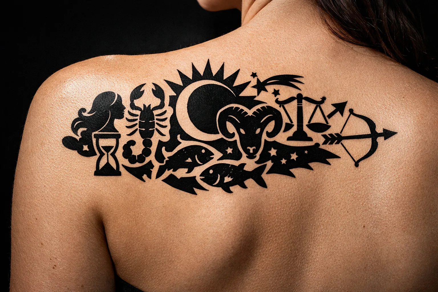 A person with a large black zodiac-themed tattoo across their upper back and shoulder.