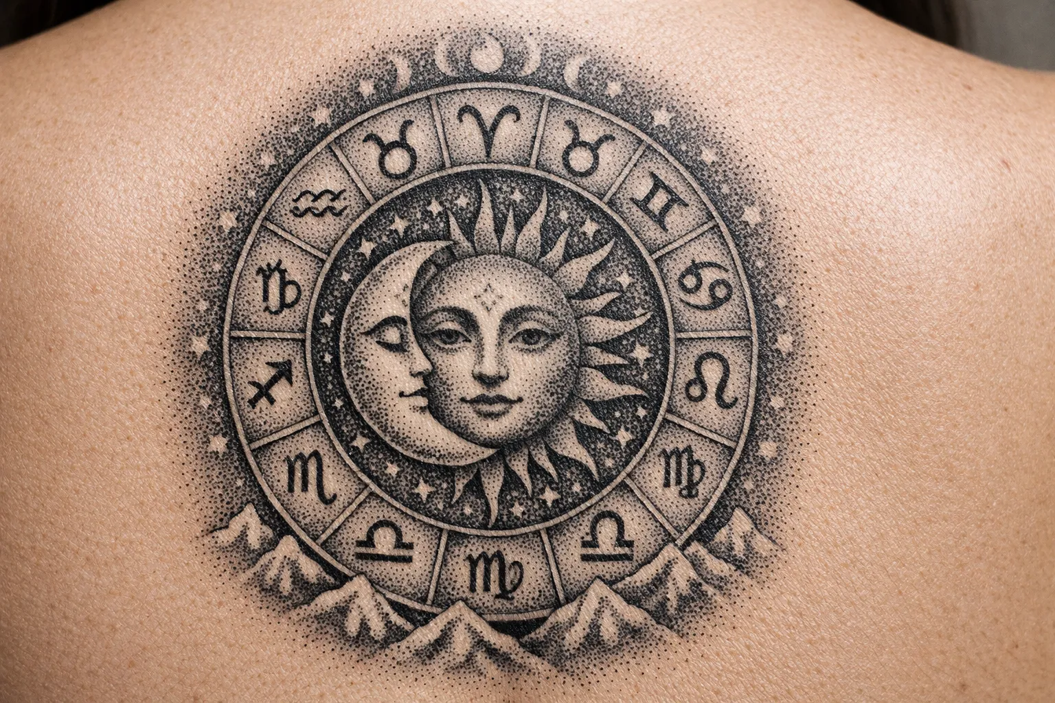 A detailed zodiac sign tattoo with a sun and moon on a person's upper back.