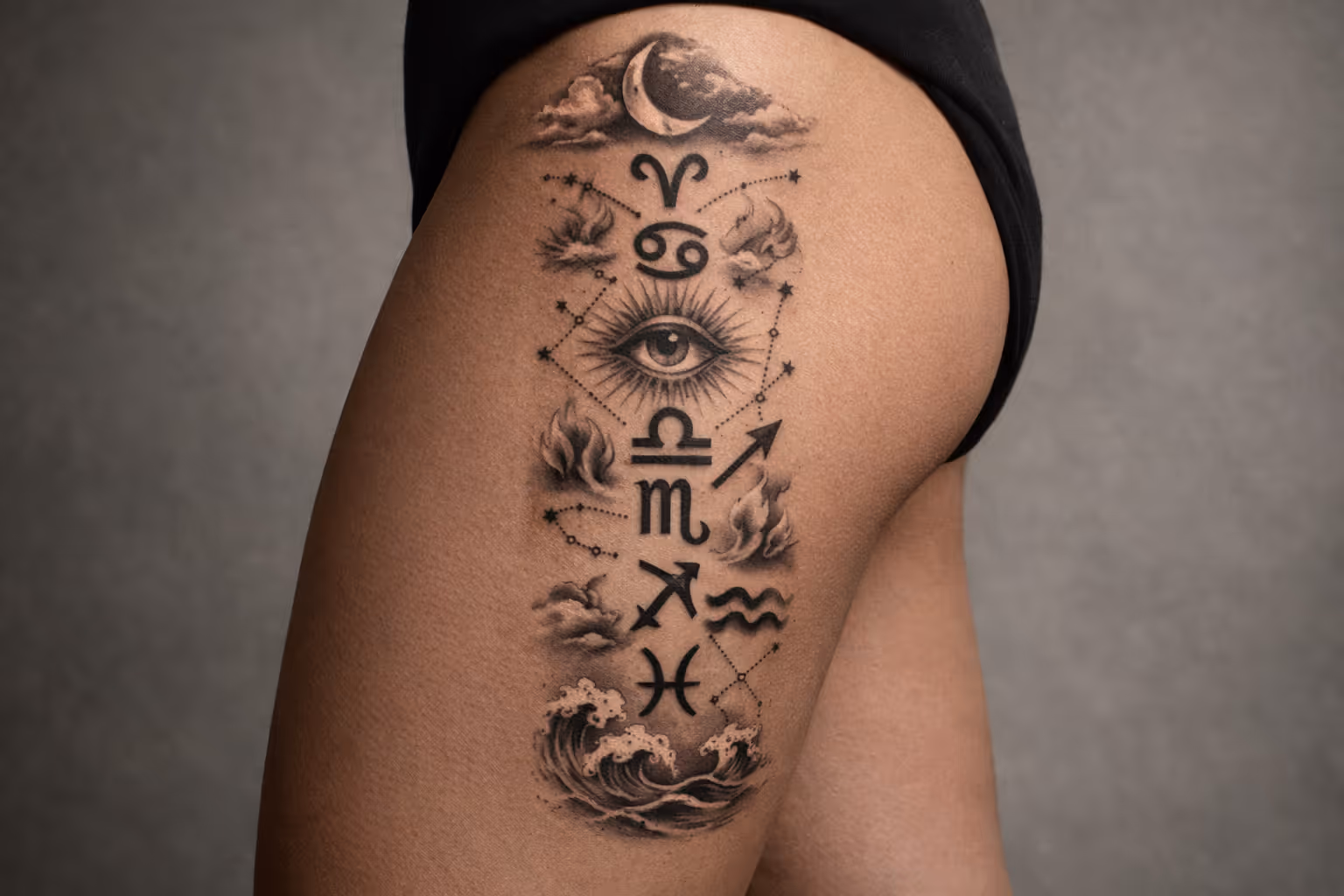 A person's thigh displays a detailed tattoo of zodiac symbols with clouds and waves.